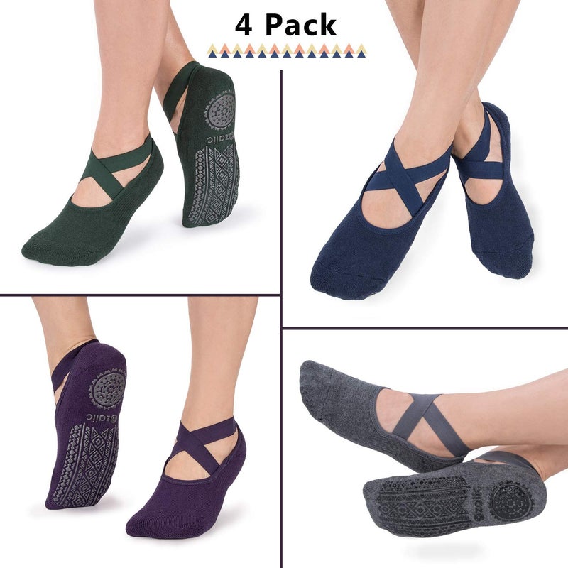 Ozaiic Pilates Socks for Women Non Slip Grip, Yoga Socks with Grippers for Barre, Hospital, Ballet, Dance, Barefoot Workout (4 Pairs - Navy/D.gray/D.green/D.purple) - Image 2